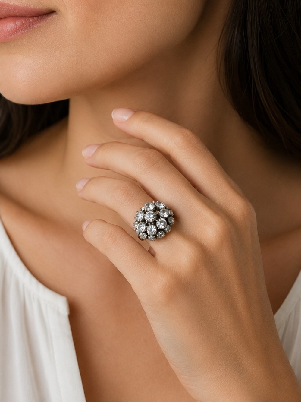 Vintage Rhinestone Cluster Cocktail Ring Adjustable Silver Tone Size 7.5 Glam